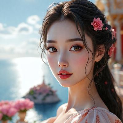 The primary subject of the image is a woman with long hair, wearing a pink dress. She is posing for a picture in front of a body of water, which serves as the setting for the background. The visual style of the image is a digital art or illustration, with the woman's features and the surrounding environment being depicted in a detailed and artistic manner. The colors in the image are predominantly pink, which adds a sense of warmth and femininity to the scene.